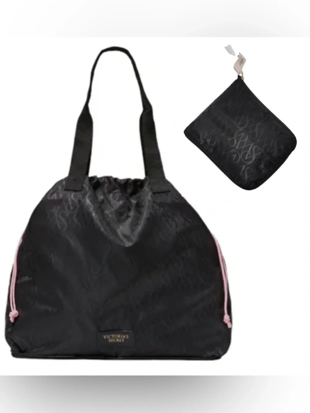 Victoria's Secret Black Tote with Pink Drawstring Accent - Picture 1 of 7